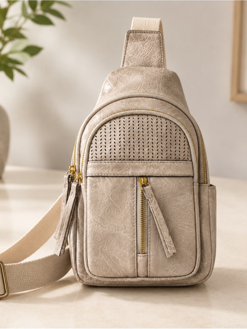 Modern Cream Crossbody Sling Bag with Gold Accents